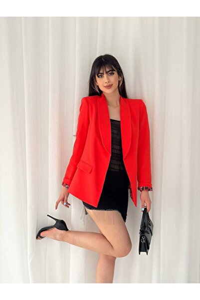 BARG FASHION Women's Buttonless Pocketed Leopard Lined Foldable Sleeve Blazer Jacket