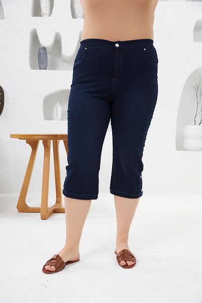 RMG Navy Blue Large Size Capri - Leg Button Detail and Elastic Waist