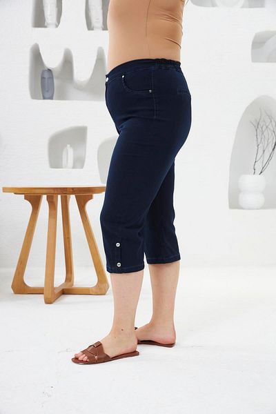 RMG Navy Blue Large Size Capri - Leg Button Detail and Elastic Waist