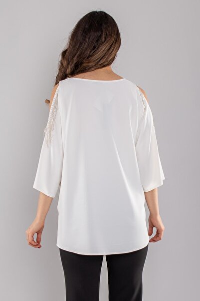 AYHAN Γυναικεία μπλούζα με πέτρινη φούντα με χαμηλό ώμο