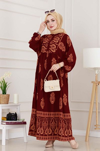 Sevitli Half Button Robe Amine Dress-Burgundy