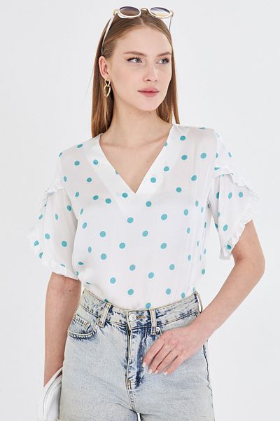 armonika Women's Turquoise V-Neck Short Sleeve Blouse with Ruffled Sleeves Arm-25Y 001045