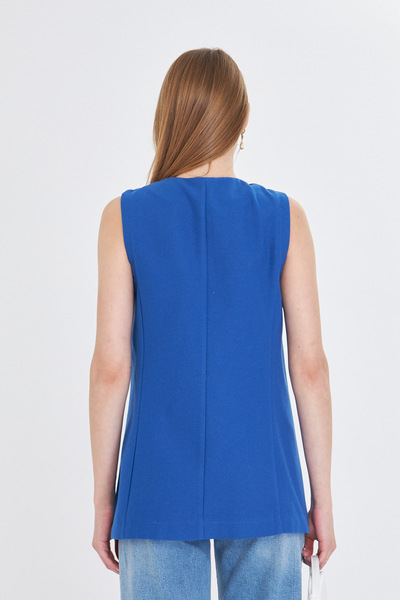 armonika Kadın Mavi V Yaka Tek Düğme Oversize Yelek ARM-25Y001036