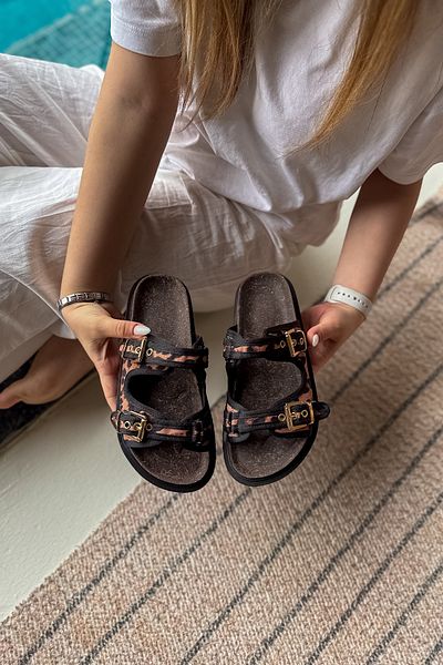 SHOEBELLAS Ressia Leopard Double Buckle Detailed Women's Slippers
