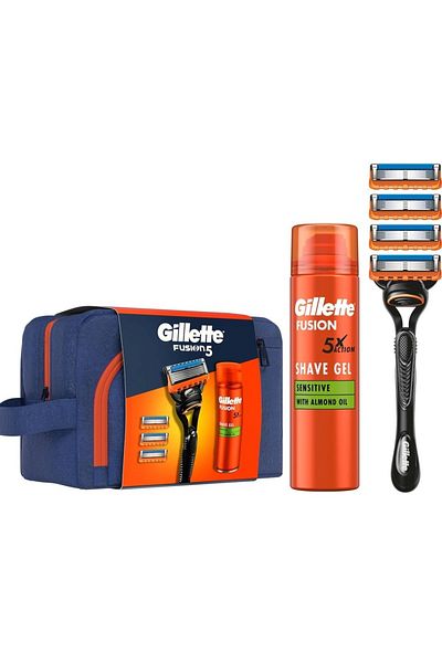 Gillette Fusion 4up Shaver - Fusion Gel 200 ml - Bag - for Men Fresh Pump 75 ml -