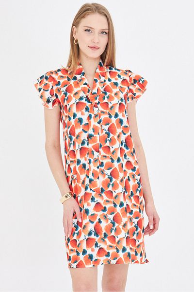 armonika Women's Pomegranate Flower V-Neck Dress with Ruffled Sleeves and Tie Detail Arm-25Y 001023