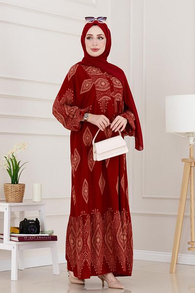 Sevitli Half Button Robe Hira Dress-Burgundy