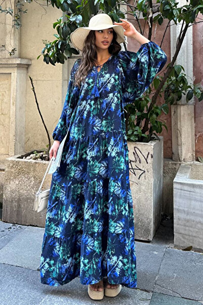 AYASOFYA OTANTIK Rochie lungă lejeră, cu mâneci cu balon, cu guler cu plachetă, cu dantelă albastră