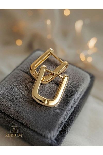 ZERİUM Geometric Form Gold Color Coated Minimal Stylish Hoop Earrings 316L