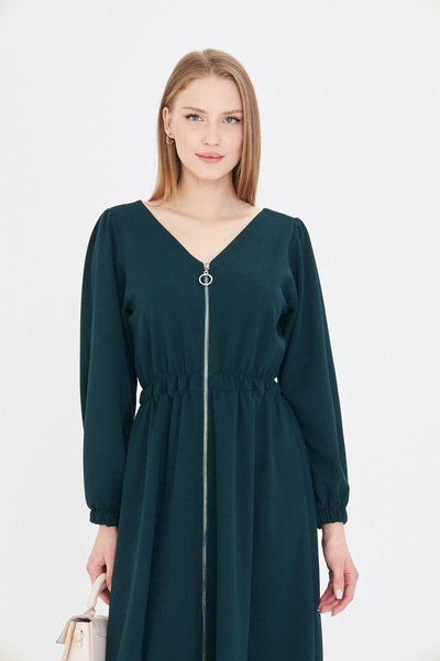 armonika Γυναικείο Σμαραγδένιο Μπροστινό Πίσω Φόρεμα με φερμουάρ V με μακρυμάνικο μίντι μήκους ARM-25Y 001002