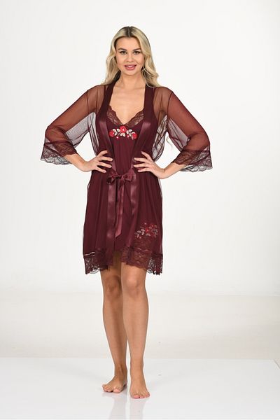 Miss Dünya Lissa Lace Dressing Gown Embroidery Detailed Strappy Nightgown Set