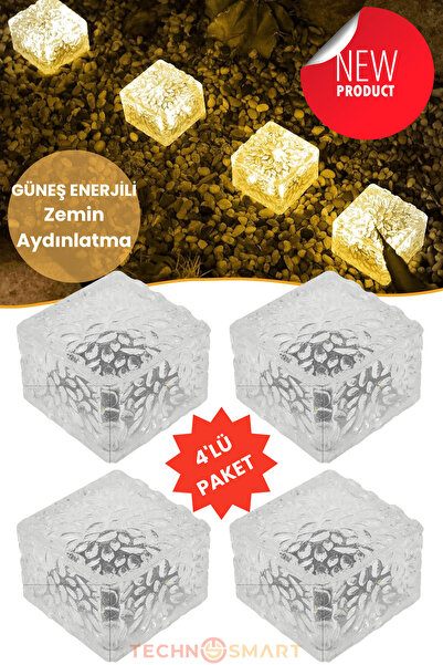 TechnoSmart 4Adet Solar Premium Kalite Cam Dekoratif Zemin Bahçe Aydınlatma G...