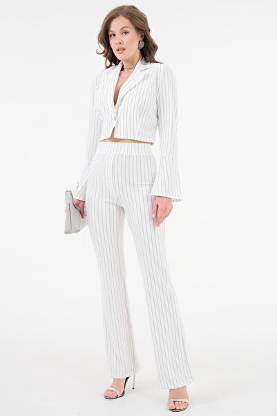 Saade White Striped Crop T-Shirt and Flare Jeans Set with Elastic Waist