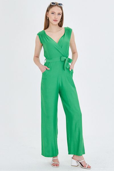 armonika Women's Green Double Breasted Collar Long Jumpsuit V Belt Light Arm-24Y 001049