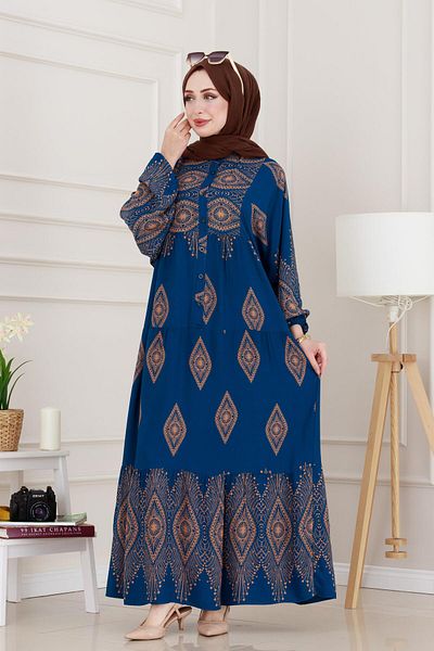 Sevitli Half Buttoned Robe Hira Dress-Indigo
