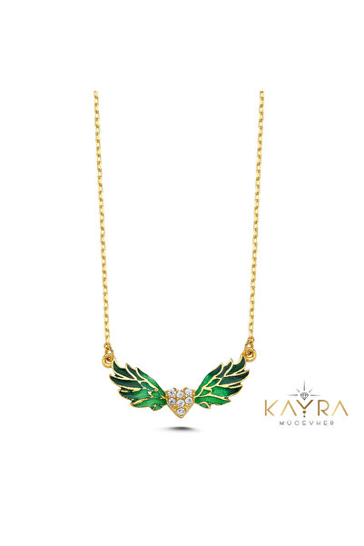 Kayra Mücevher Yeşil Mineli Melek Kanadı Altın Kolye AK25