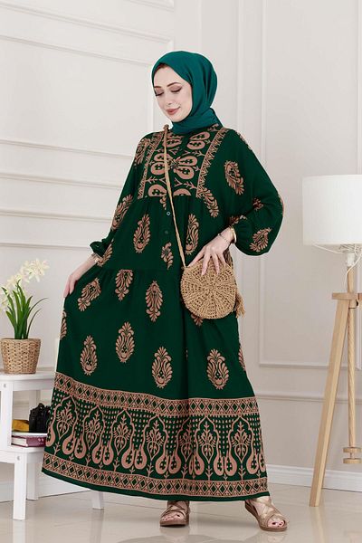 Sevitli Half Button Robe Amine Dress-Green