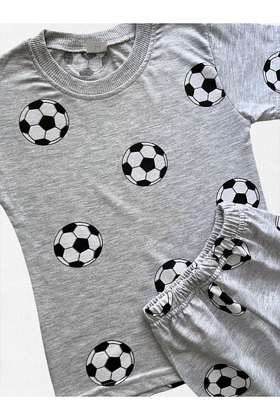 Fil Kids Boys' Cotton Gray Black and White Football Ball Patterned Short Sleeve Shorts Summer Pajama Set