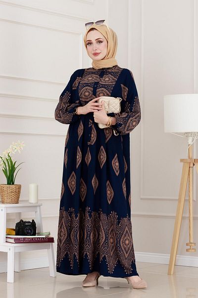 Sevitli Half Button Robe Hira Dress-Navy Blue