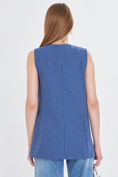 armonika Kadın Koyu Mavi V Yaka Tek Düğme Oversize Yelek ARM-25Y001036