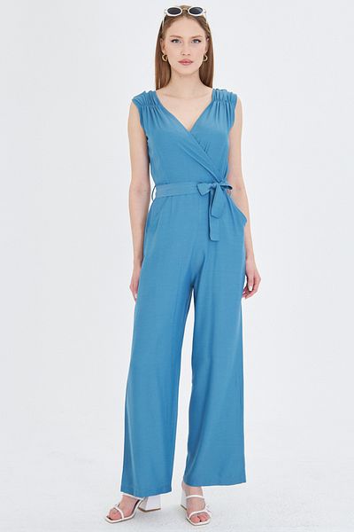 armonika Women's Ice Blue Double Breasted Collar Shoulder Rubber Detailed Back V Belted Long Jumpsuit Arm-24Y 001049