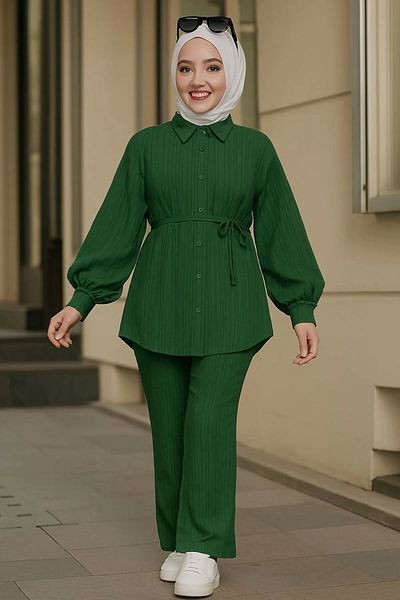 modessia Women's Green Balloon Sleeve - Waist Laced Lara Fabric Double Set Lr4546