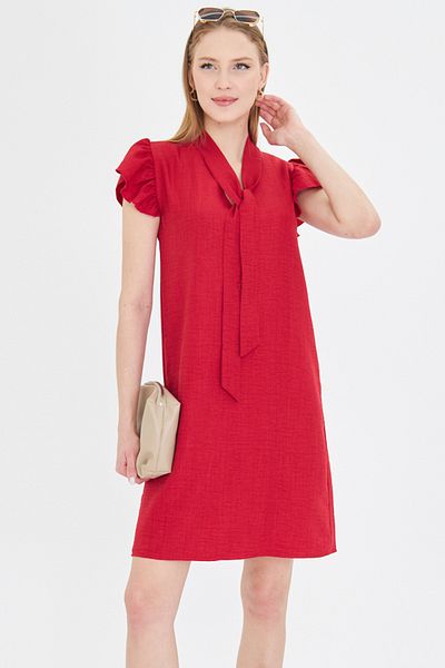 armonika Women's Red V-Neck Dress with Ruffled Sleeves and Tie Detail Arm-25Y 001022
