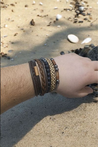 Birmem In the Footsteps of Bohemian Style: Brown Leather and Natural Stone Detailed Multiple Men's Bracelet Set