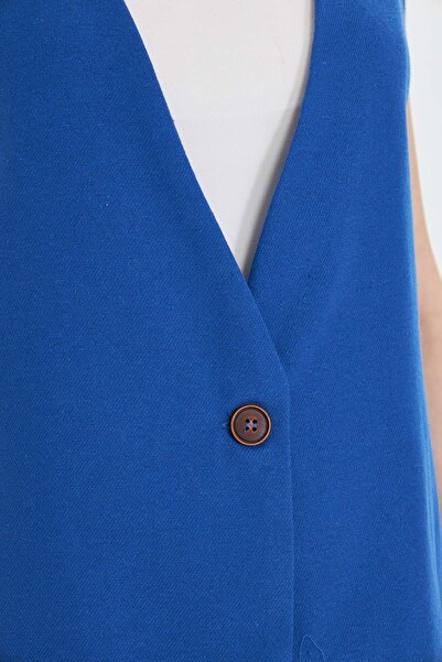 armonika Kadın Mavi V Yaka Tek Düğme Oversize Yelek ARM-25Y001036