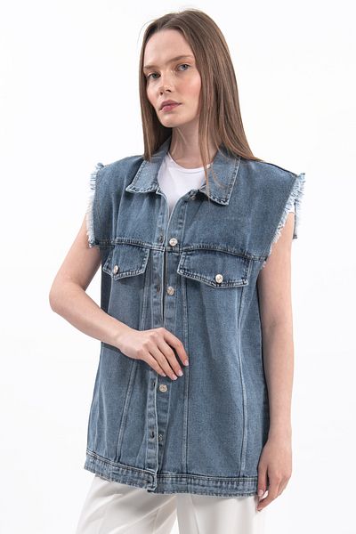 Hatun Atila Antique Denim Vest with Pocket Flap Handles