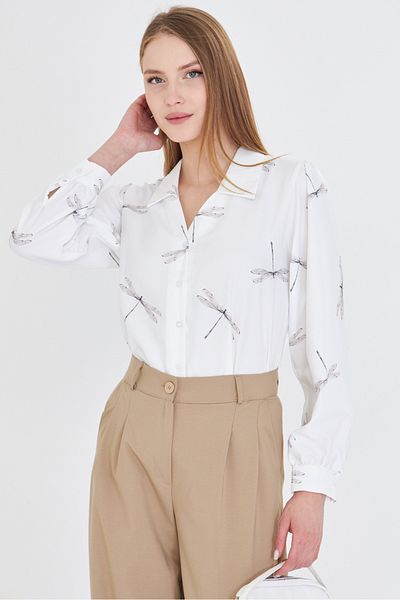 armonika Women's Gray V-Neck Balloon Sleeve Patterned Shirt Arm-25Y 001016
