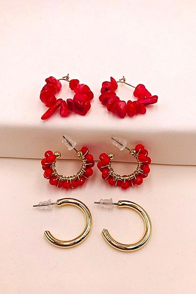 PETEK AKSESUAR Natural Stone And Crystal Hoop Earring Set Red