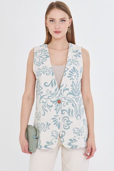 armonika Women's Mint V-Neck Single Button Oversize Patterned Vest Arm-25Y 001032
