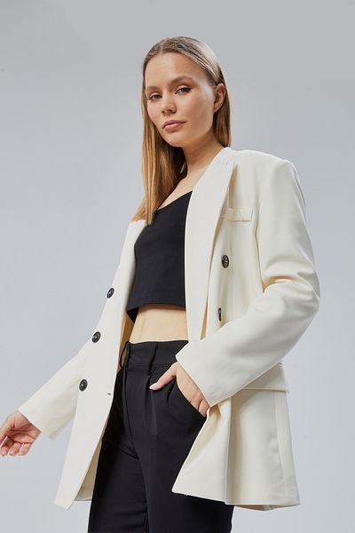 Bolivente Ecru Oversize Double Breasted Collar Lined Blazer Jacket