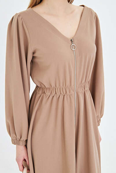 armonika Дамска рокля с дълъг ръкав, миди дължина и V-образно деколте с цип