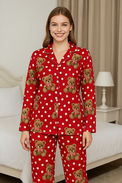 AYREKA HOMEWEAR Red Teddy Bear Patterned Women's Pajama Set Suede