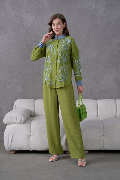 Miss Allos Women's Front Embroidered Collar and Cuff Denim Detailed Linen Shirt and Pants Bottom Top Set