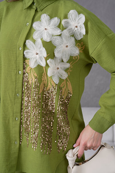 Miss Allos Women's Front Sequin Sequin Embroidered Tulle Flower and Stone Embroidered Linen Shirt and Pants Bottom Top Set