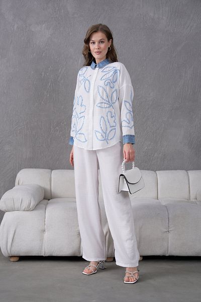 Miss Allos Women's Front Embroidered Collar and Cuff Denim Detailed Linen Shirt and Pants Bottom Top Set