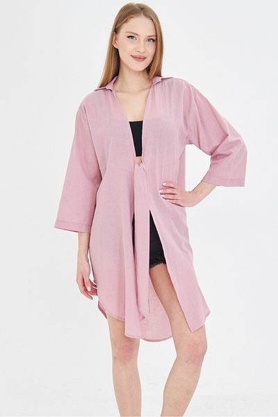 armonika Cămașă kimono de lungime midi din țesătură subțire de in pentru femei Dusty Rose