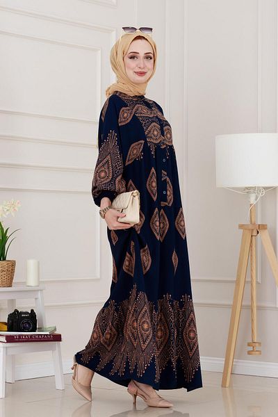 Sevitli Half Button Robe Hira Dress-Navy Blue