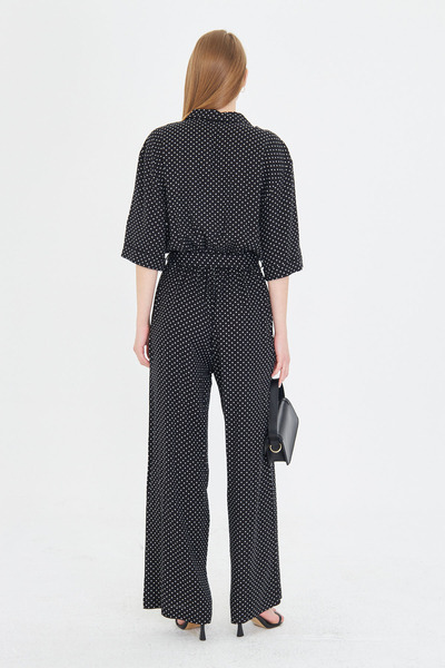 armonika Women's Black Waist Belted Short Sleeve Pocket Wide Leg Jumpsuit