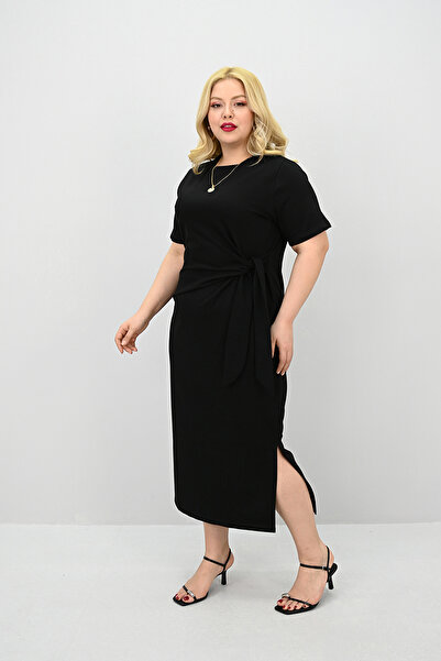Koza Butik Kadın Büyük Beden Kısa Kollu Bel Bağlama Detaylı Elbise 5303-25