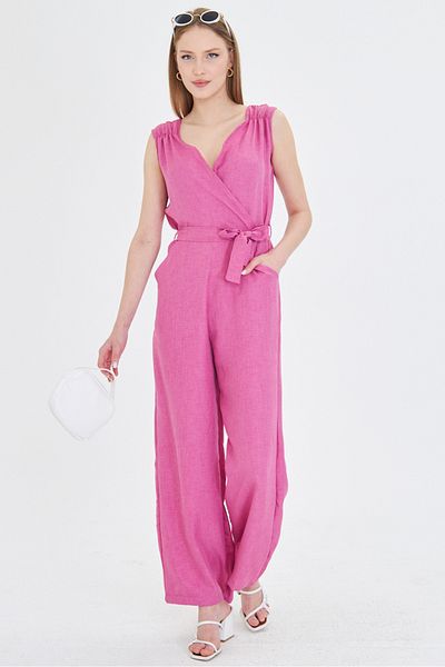 armonika Pink Double Breasted Collar - Shoulder Elastic Detailed Back U Sash Long Jumpsuit
