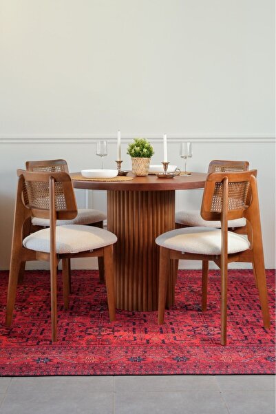 Woodenbend Mirla Ceviz Renk Yuvarlak Masa Takımı 100 cm 4 Sandalyeli Bohem İs...