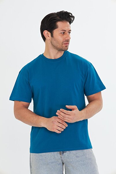 TRENDHİLL Ανδρικό μπλουζάκι από βαμβακερό λαιμόκοψη μεγάλου μεγέθους μπλε 5015-M