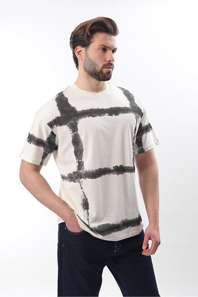 Madmext Ecru Crew Neck Printed Basic Men's T-Shirt E7109