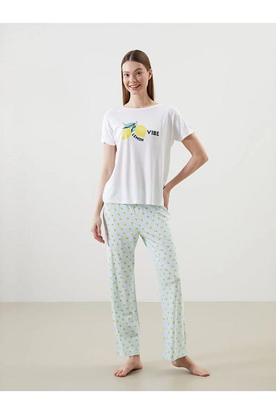LC Waikiki Set pijamale pentru femei LCW DREAM, albastru, cu decolteu, imprimat