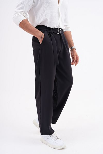 byata.style Pleated Baggy Fit Pocket Belt Buckle Men's Fabric Trousers Black