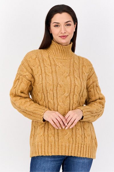 AMERICAN EAGLE Women Turtle Neck Crochet Sweater, Tan